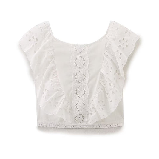 Stylish V-neck cross tie embroidered solid color shirt