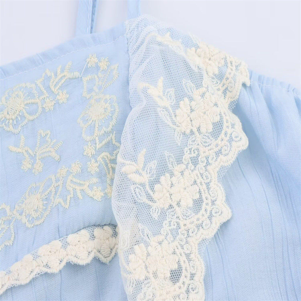 Low neck embroidered blue lace edge camisole top