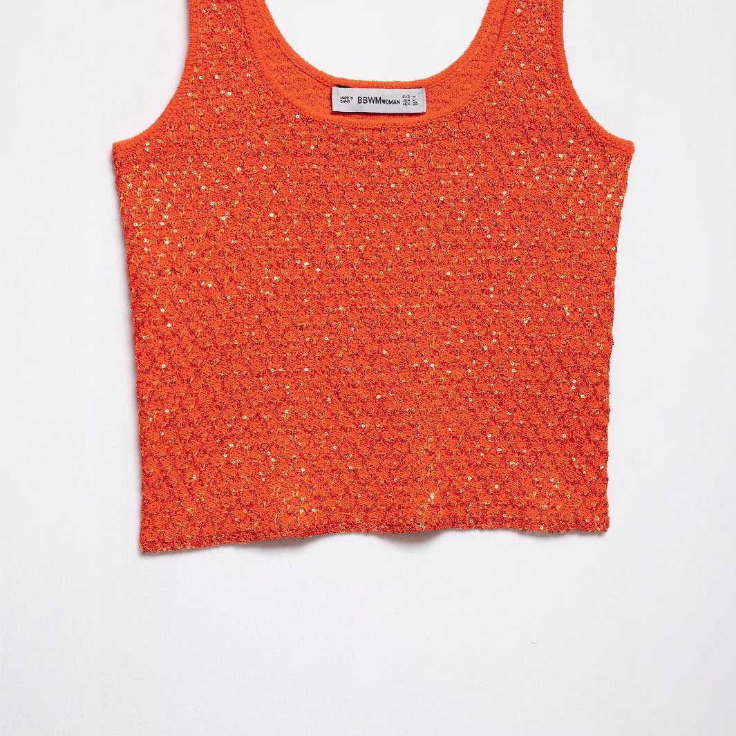 U-neck sleeveless orange sequin vest with camisole top
