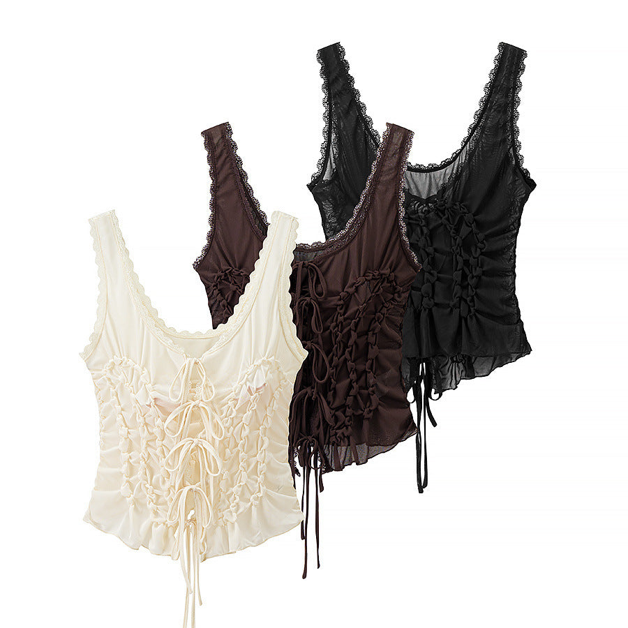 Bow embellished pleated camisole vest top