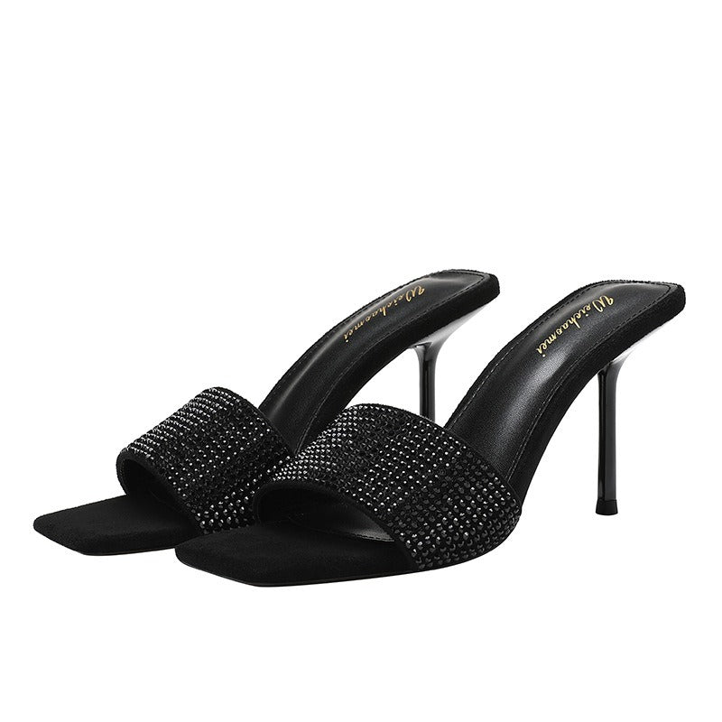 Square toe black rhinestone strap stiletto high heel sandals