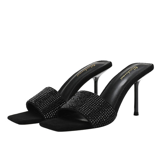 Square toe black rhinestone strap stiletto high heel sandals