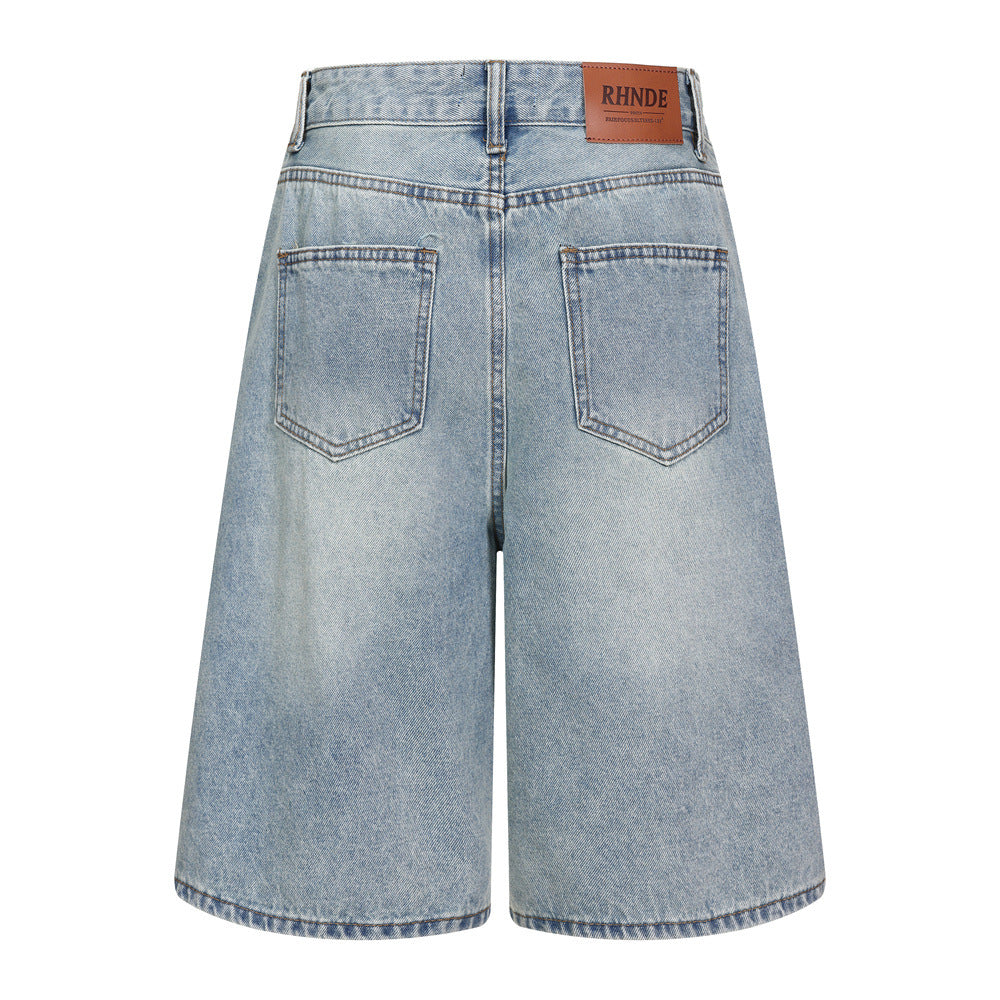 Washed denim long shorts