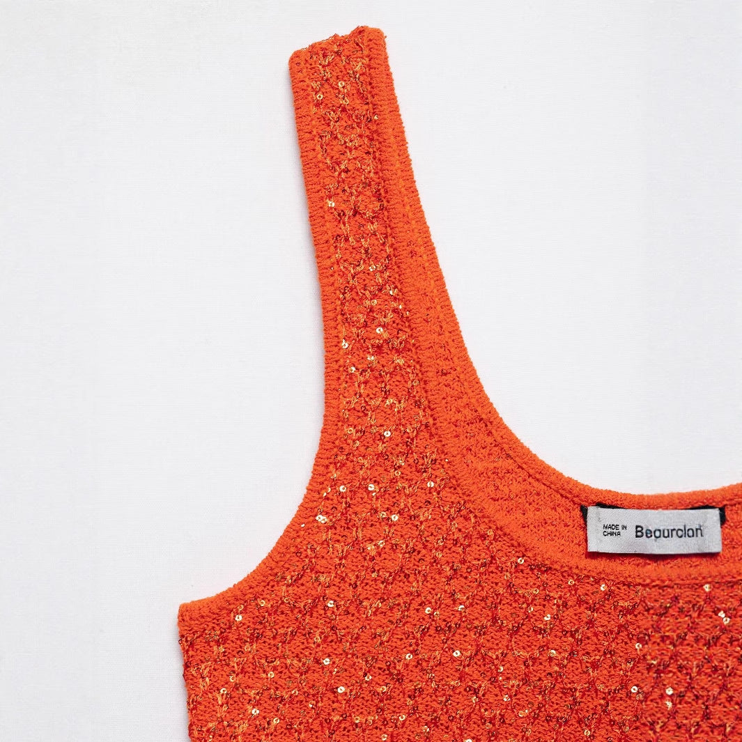 U-neck sleeveless orange sequin vest with camisole top