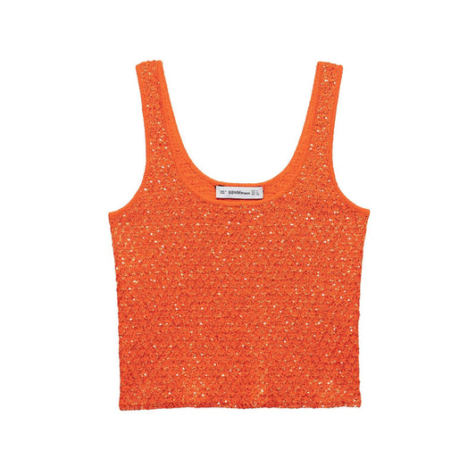 U-neck sleeveless orange sequin vest with camisole top