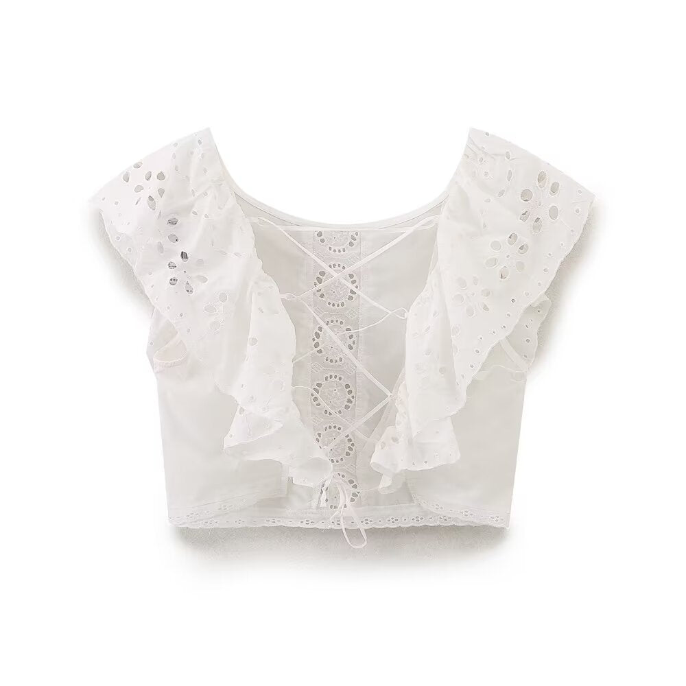 Stylish V-neck cross tie embroidered solid color shirt