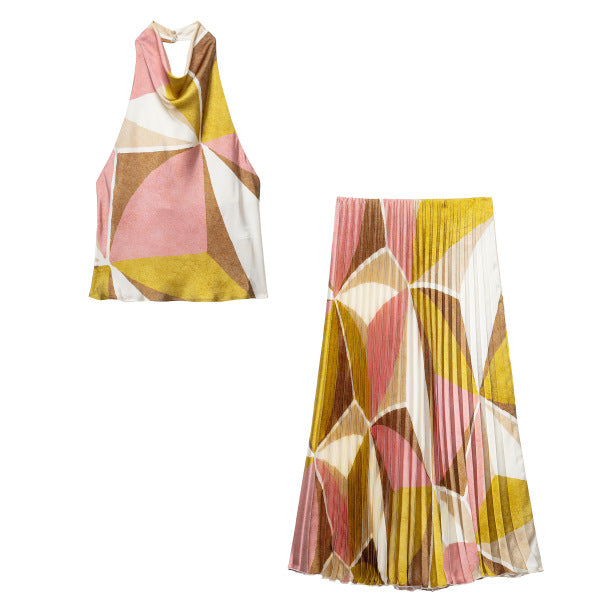 Geometric halter top + skirt set