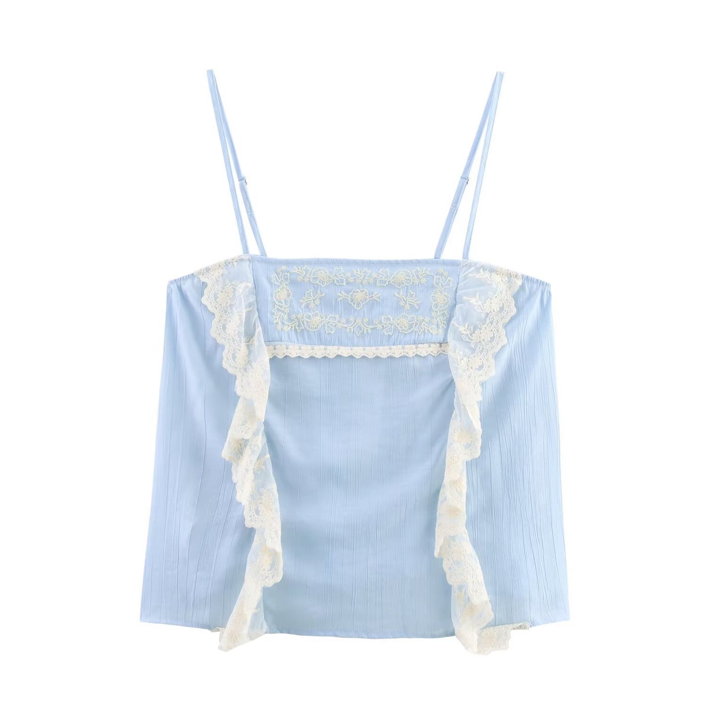 Low neck embroidered blue lace edge camisole top