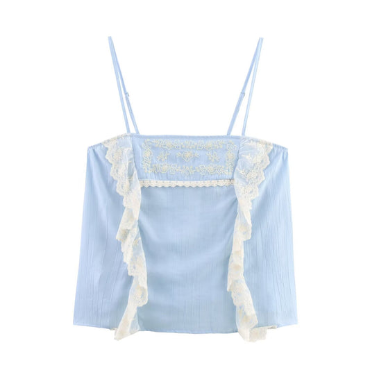 Low neck embroidered blue lace edge camisole top