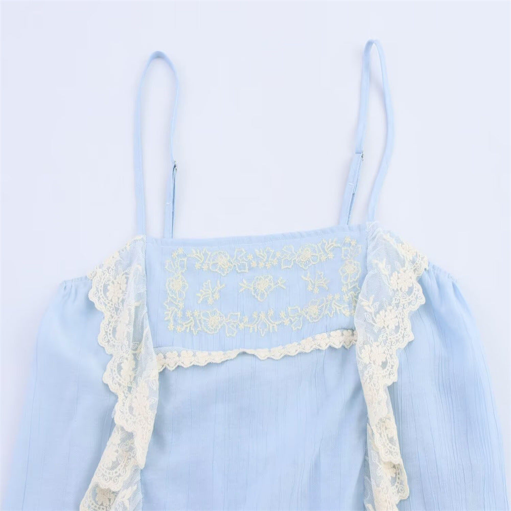 Low neck embroidered blue lace edge camisole top