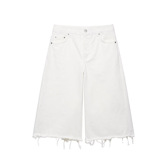 Raw hem denim long shorts