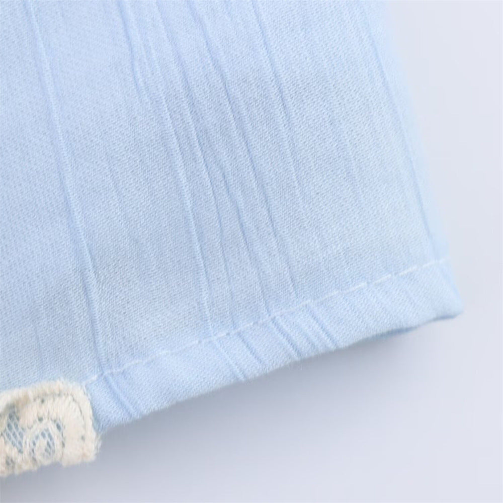 Low neck embroidered blue lace edge camisole top