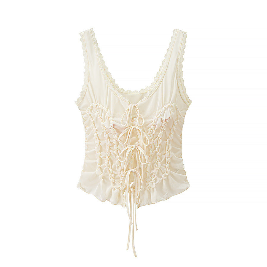 Bow embellished pleated camisole vest top
