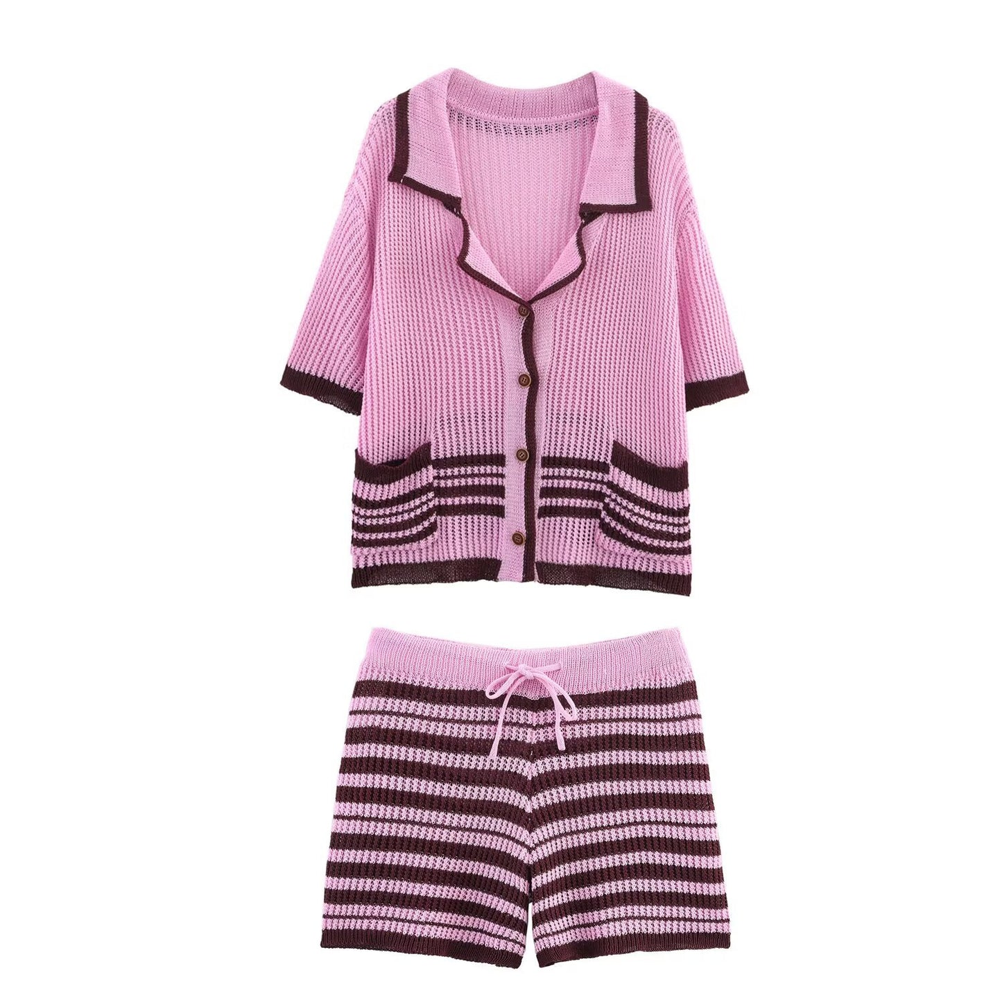 Knit polo collar top + shorts set