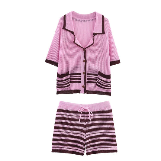 Knit polo collar top + shorts set