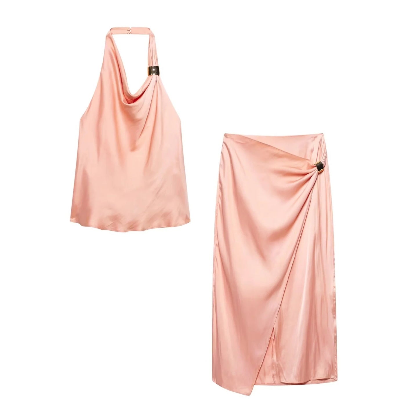 Golden embellished satin halter top + skirt set
