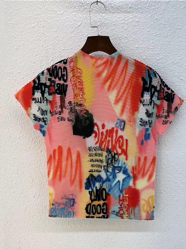 Printed pleated T-shirt