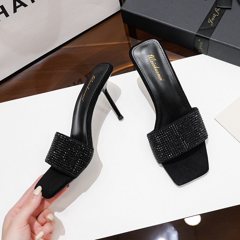 Square toe black rhinestone strap stiletto high heel sandals