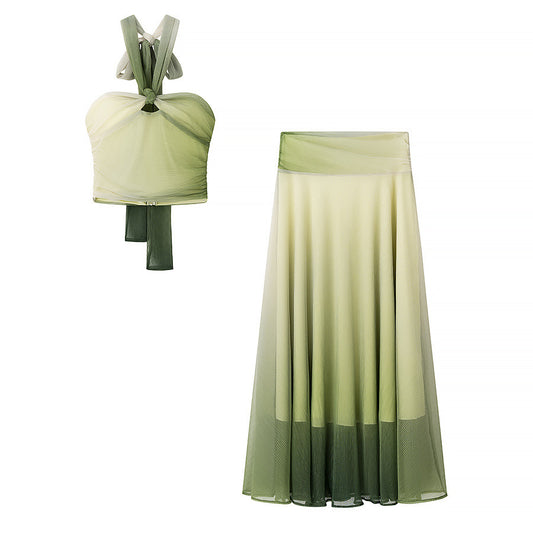 Gradient printed top+skirt set