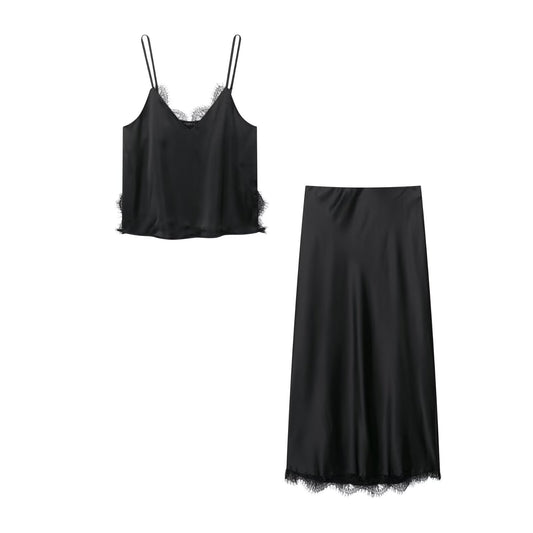 Lace trimmed top + skirt set