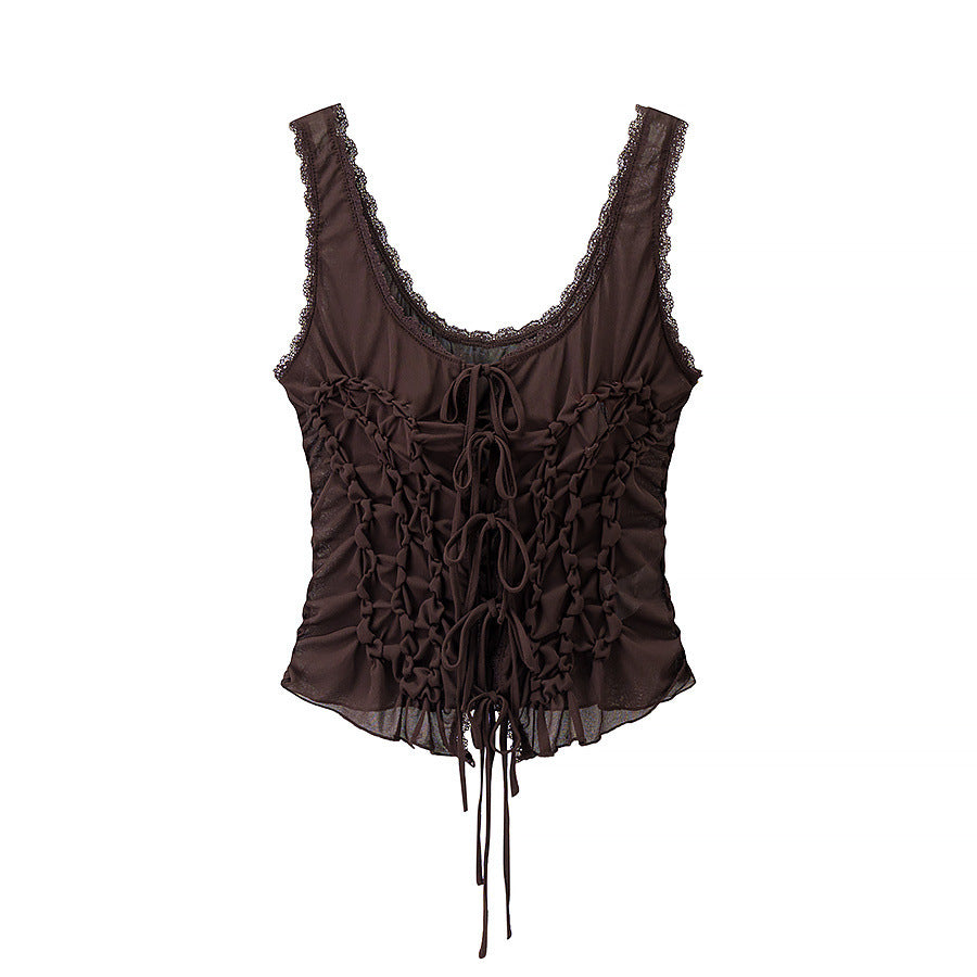 Bow embellished pleated camisole vest top