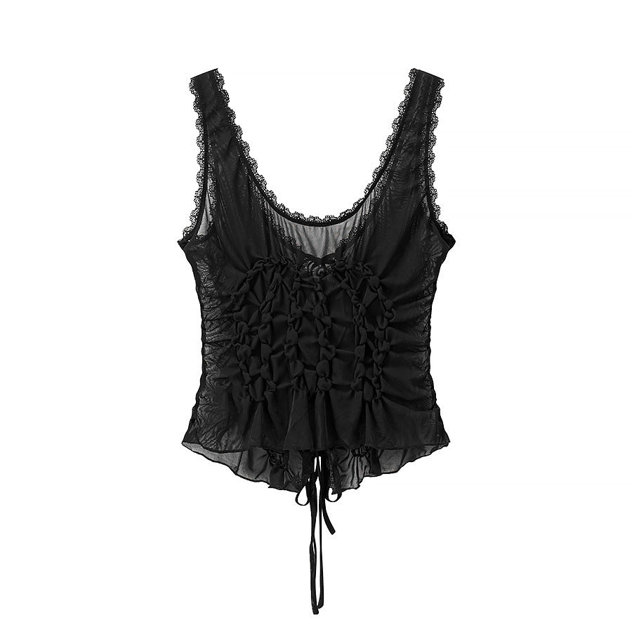 Bow embellished pleated camisole vest top