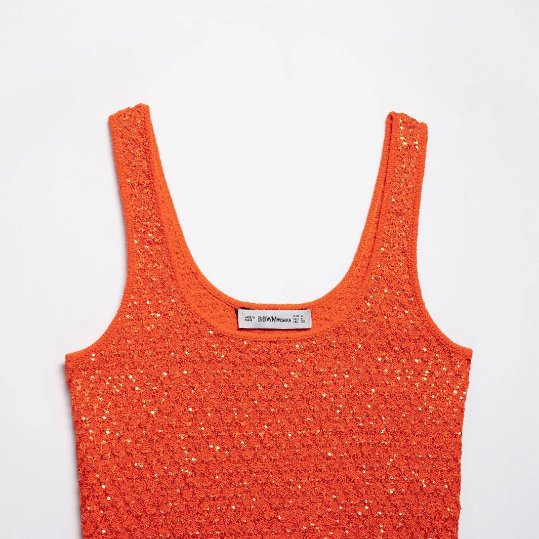 U-neck sleeveless orange sequin vest with camisole top