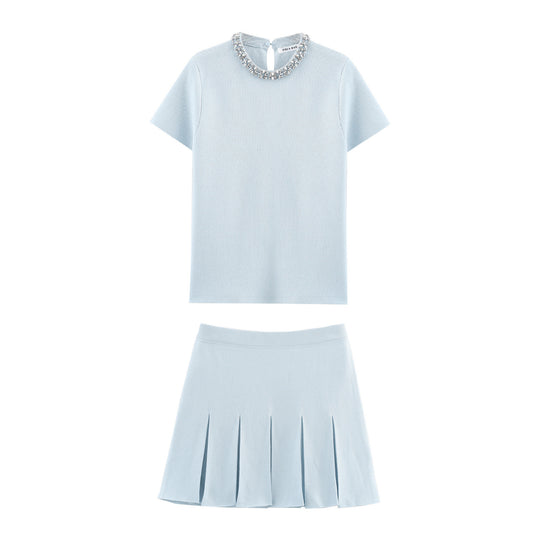 Embellished knitted top + skirt set