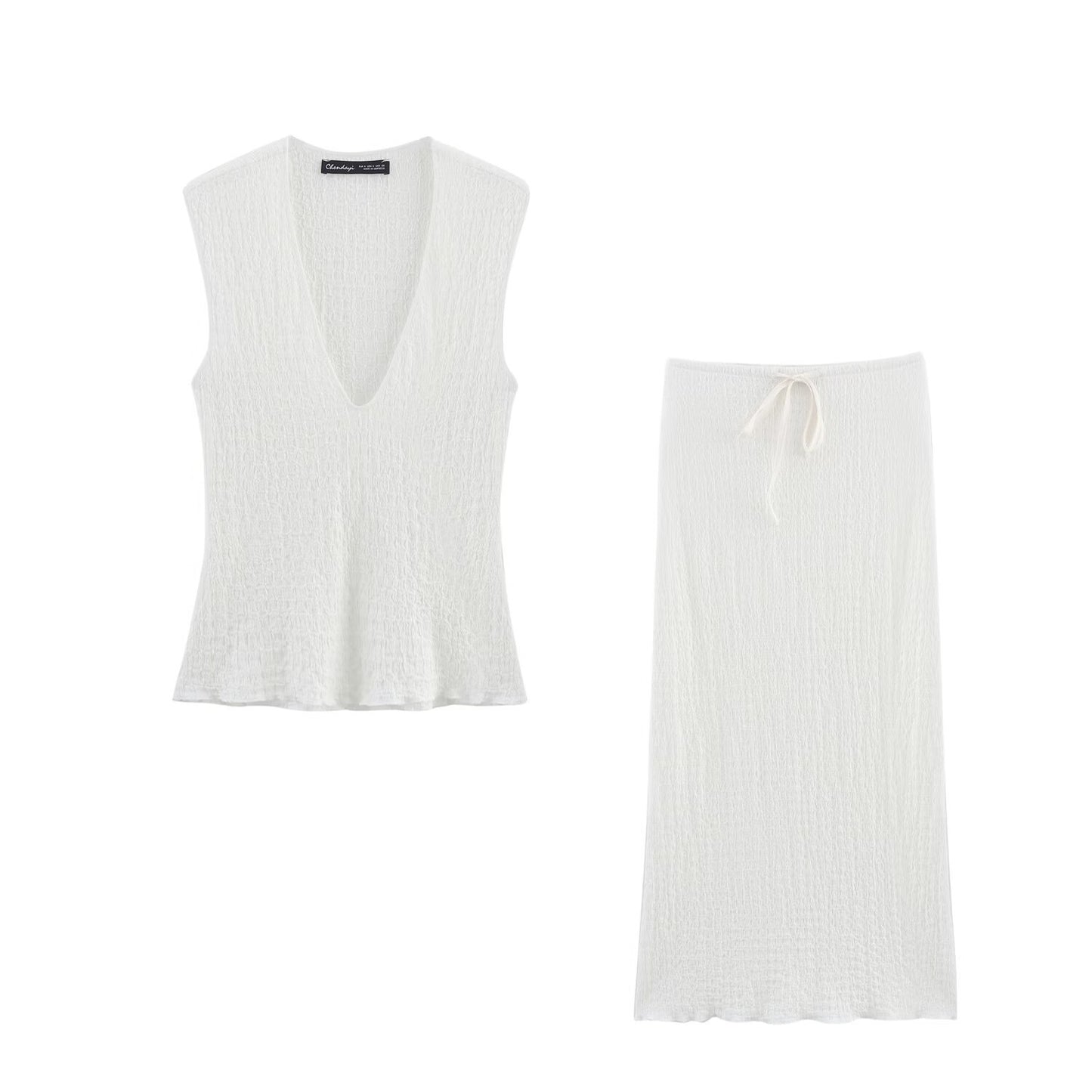 V-neck textured top + skirt set