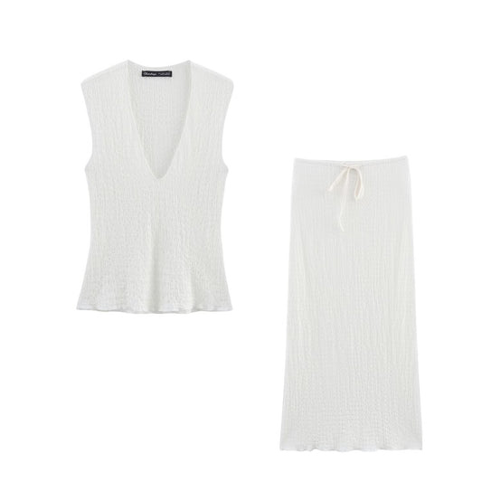 V-neck textured top + skirt set